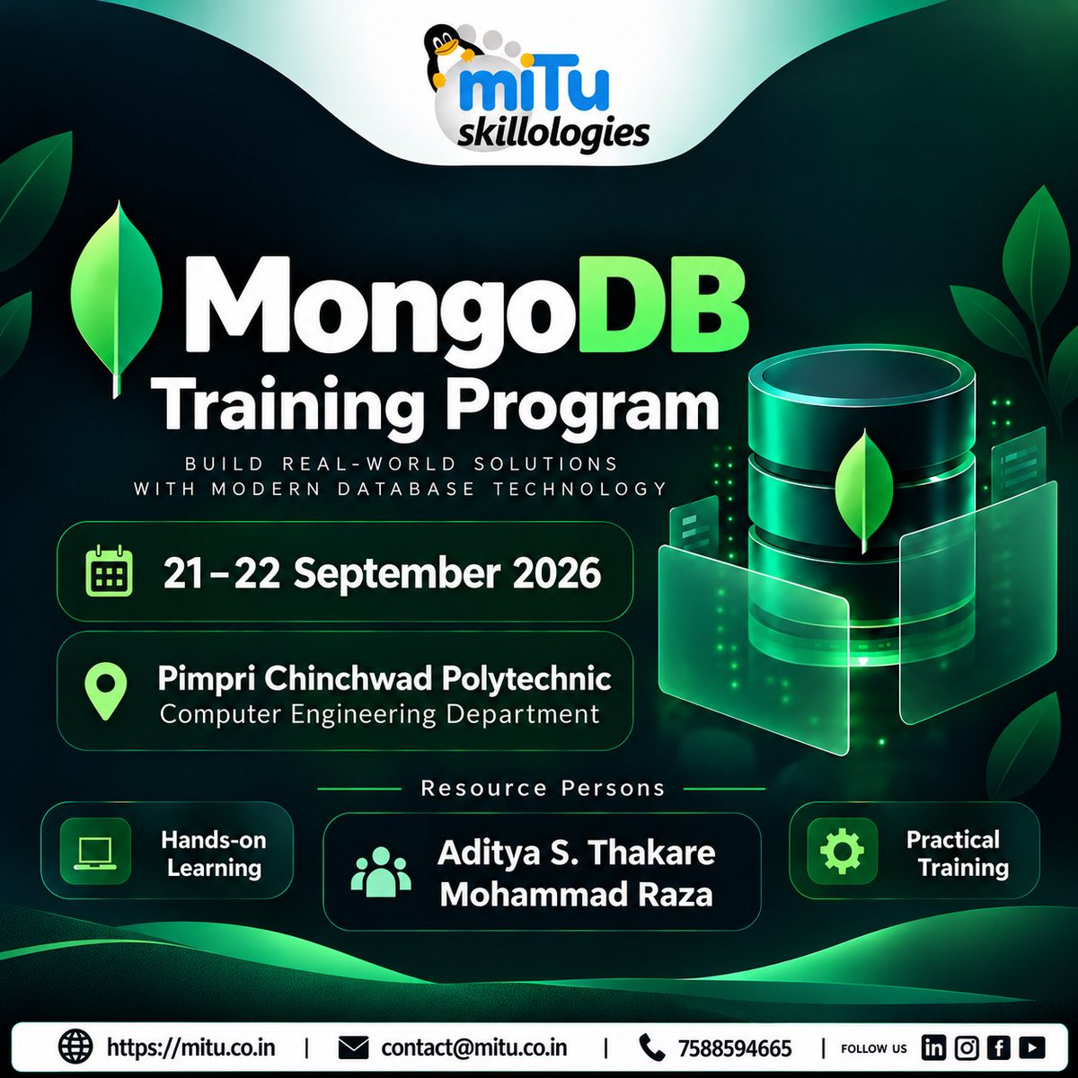 mitu_group's tweet photo. #MongoDB #MongoDBTraining #MongoDBWorkshop #DatabaseTechnology #NoSQL #NoSQLDatabase #DatabaseManagement #DataEngineering #BackendDevelopment #ComputerEngineering #HandsOnLearning #PracticalTraining #TechSkills #SkillDevelopment #StudentTraining #PimpriChinchwad #Pune https://t.co/2swzDhzkpk