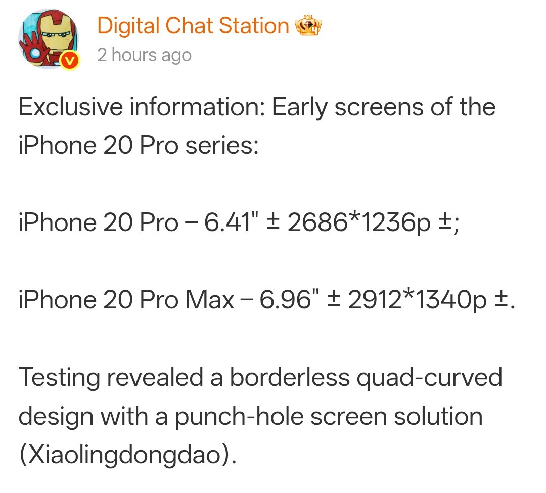 tsaikumar1989's tweet photo. iPhone 20 Pro series display details by DCS.
#iPhone20Pro : 6.41"± 2686*1236p±
#iPhone20ProMax : 6.96"± 2912*1340p±
Quad curved display with punch hole.
#iPhone20 #AppleEvent https://t.co/FQMgj8HyaY
