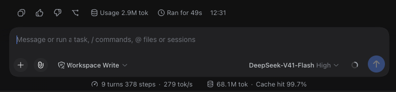 duckecom's tweet photo. I just try DeepSeek Harness. 

Pretty good so far, 
no more worrying about wasting quotas, 
fast,
cheap, 
99% cache hit. 

Here’s a fun little app that lets you take advantage of those lower off-peak rates: https://t.co/uPABZnR5jB https://t.co/0SEJtYX8vu