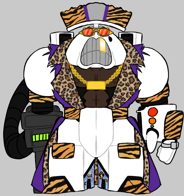 PEAKMONGER's tweet photo. @FlashgitzAnims 
Pimp Warrior and his men! 
Toxin, Finley and Gerald! 

Credit: Thank you for the people in the Voice Chat in the Space King Discord for the ideas and help for Pimp Warriors design. 

Praise Be To Space King. https://t.co/rz9jelpPJQ