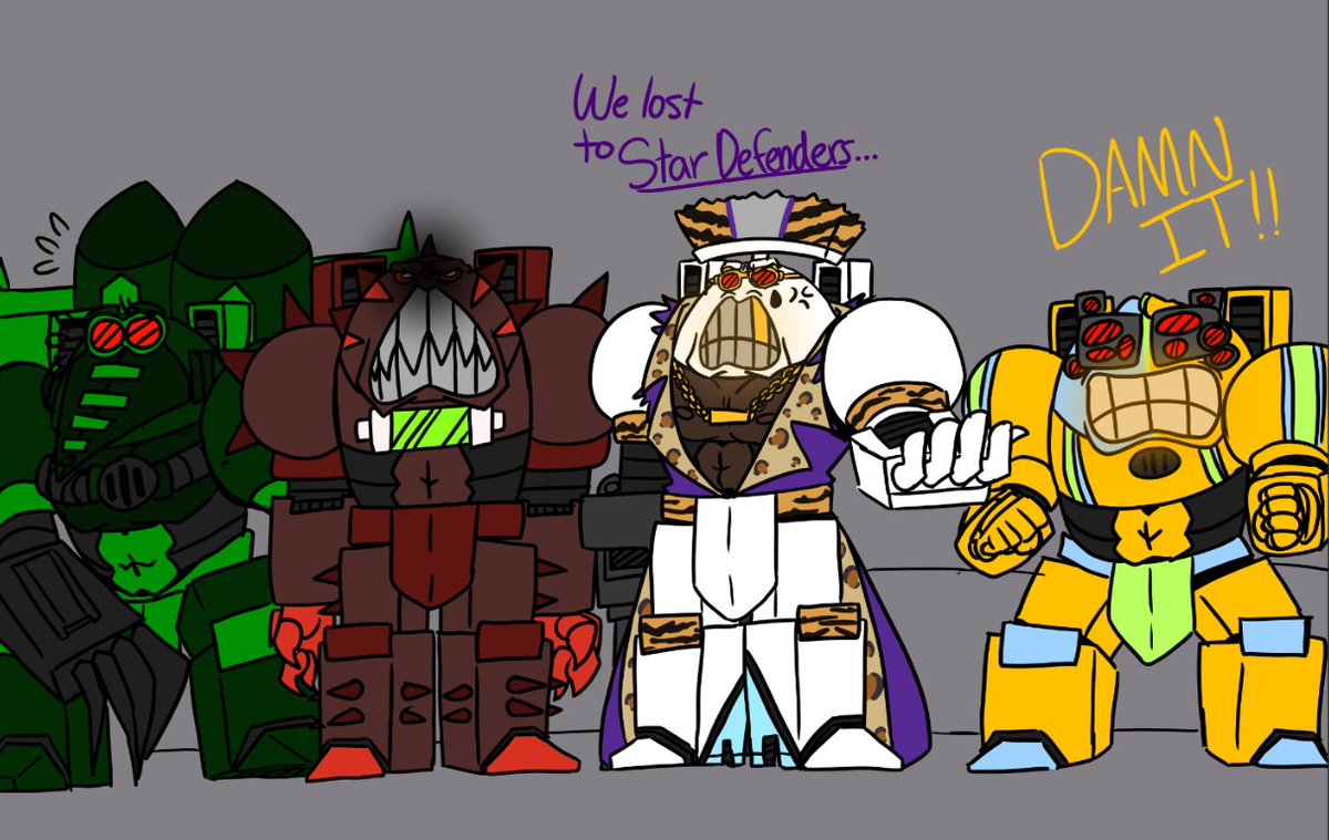 PEAKMONGER's tweet photo. @FlashgitzAnims 
Pimp Warrior and his men! 
Toxin, Finley and Gerald! 

Credit: Thank you for the people in the Voice Chat in the Space King Discord for the ideas and help for Pimp Warriors design. 

Praise Be To Space King. https://t.co/rz9jelpPJQ