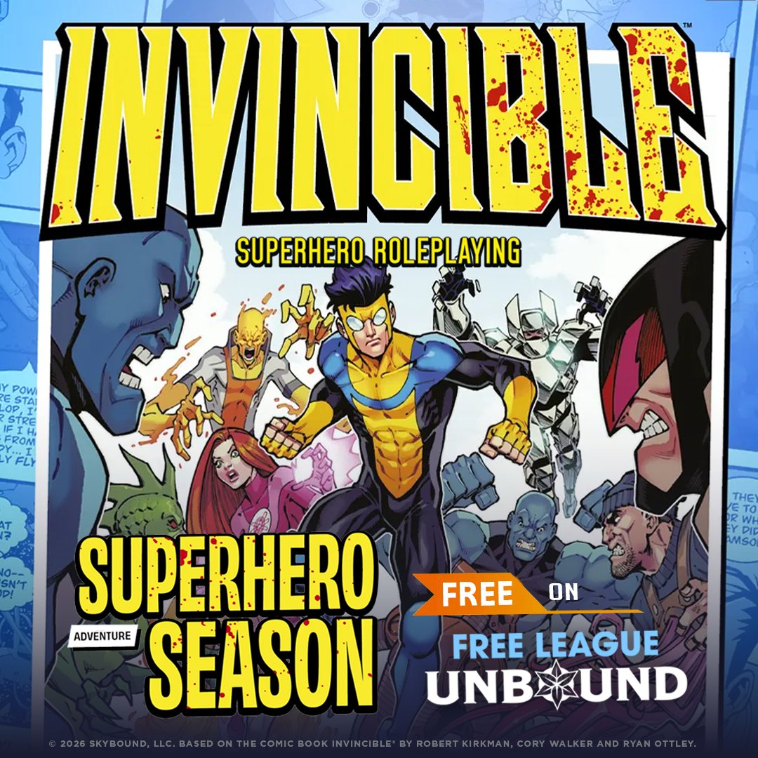 flunbound's tweet photo. Try out INVINCIBLE – Superhero Roleplaying with the convention adventure SUPERHERO SEASON for FREE on Free League Unbound.

This short adventure throws heroes into a deadly predicament as a massive bounty is placed on their heads – one lucrative enough to send every supervillain in the area scrambling to collect!