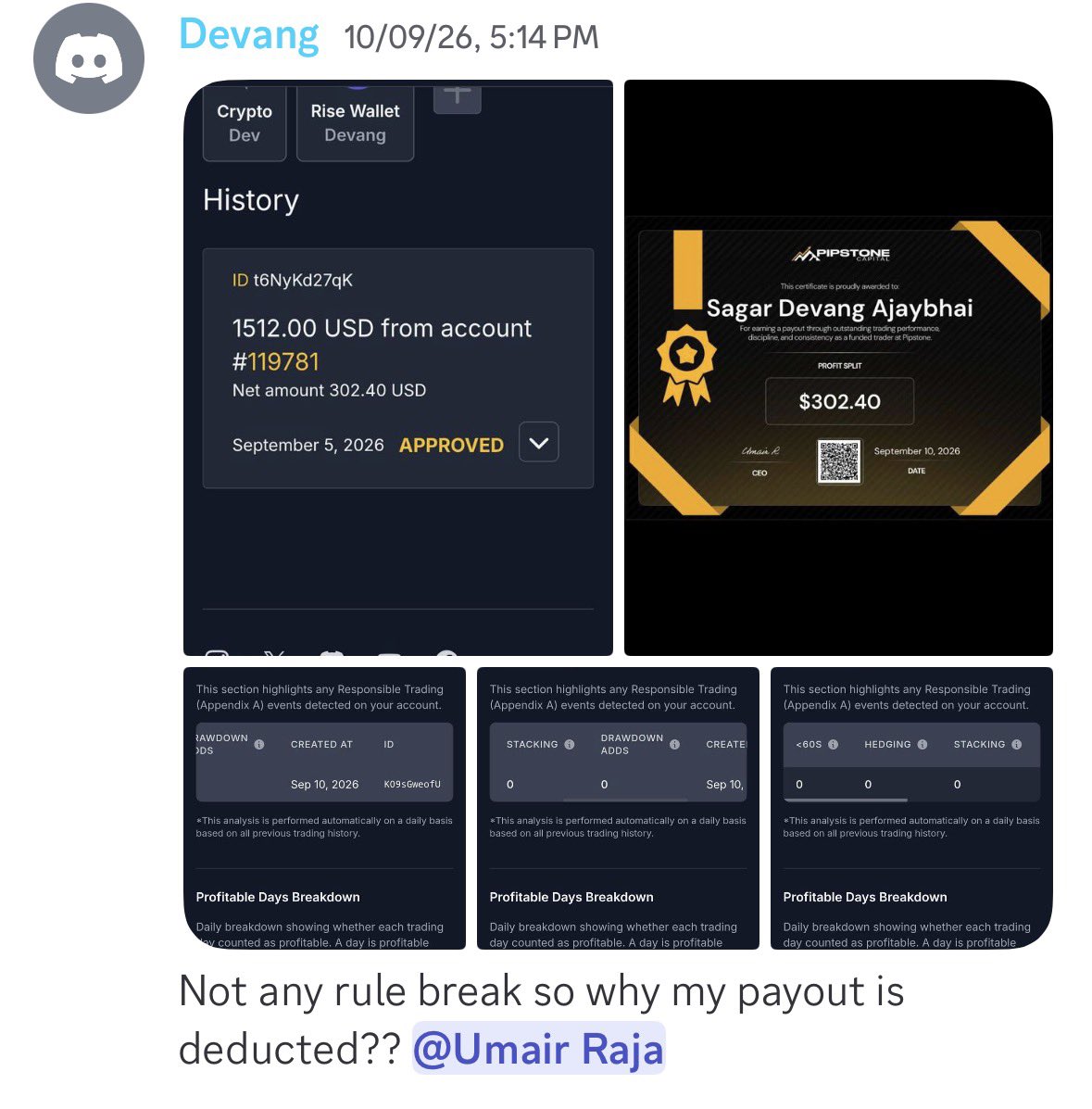 theproptruth's tweet photo. 🚨 PIPSTONE CAPITAL — PAYOUT CERTIFICATE, BUT WHERE IS THE MONEY?

Multiple traders are now raising payout concerns in Pipstone Capital’s Discord.

According to the trades :

• $240 payout requested → $192 shown on certificate → only $36 reportedly received
 • Another trader received a $167.20 payout certificate but says only $52 was paid
 • A third trader  bave an approved $1,512 reward  and he got only 302 $ certificate .

 while questioning deductions despite showing no rule violation in the screenshots.

The bigger concern is the difference between the payout amount shown on the certificate and the amount reportedly received by traders.

Pipstone’s published information currently states a 90/10 reward split for funded accounts, while its website also advertises fast payout processing. 

So why are traders reporting amounts that appear significantly lower than their certificates?

These screenshots are reportedly from the “Scam” section of Pipstone’s Discord, and there are also recent public complaints about payout denials and approved payouts not being received. 

@PipstoneCapital — What exactly are these deductions, and why is the certificate amount different from the amount traders actually receive?

Traders deserve a clear breakdown of every deduction before trusting a payout certificate. 👀
@Pipstonecapital @AirRaja 
#PipstoneCapital #PropFirm #PropTrading #Payouts