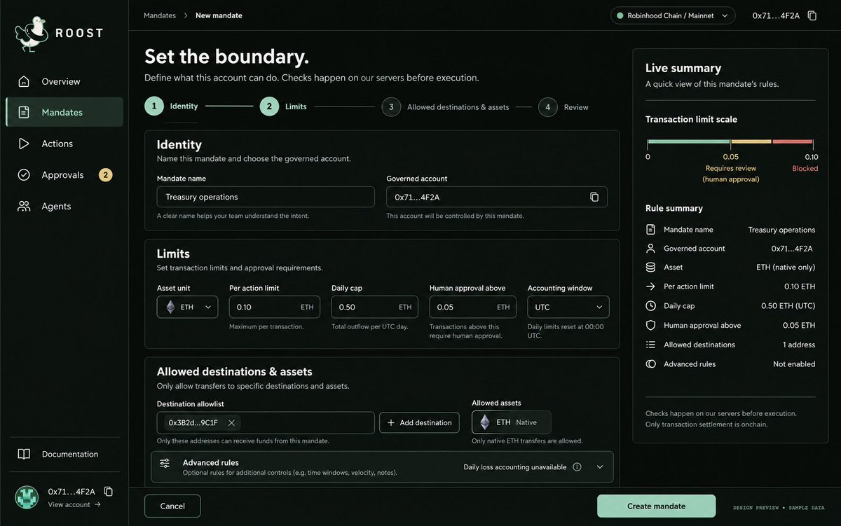 roostagent's tweet photo. Intent becomes policy.

Set the account, allowed assets, destinations, and spending limits. See the boundary while you write it. https://t.co/q32I6d7tMJ