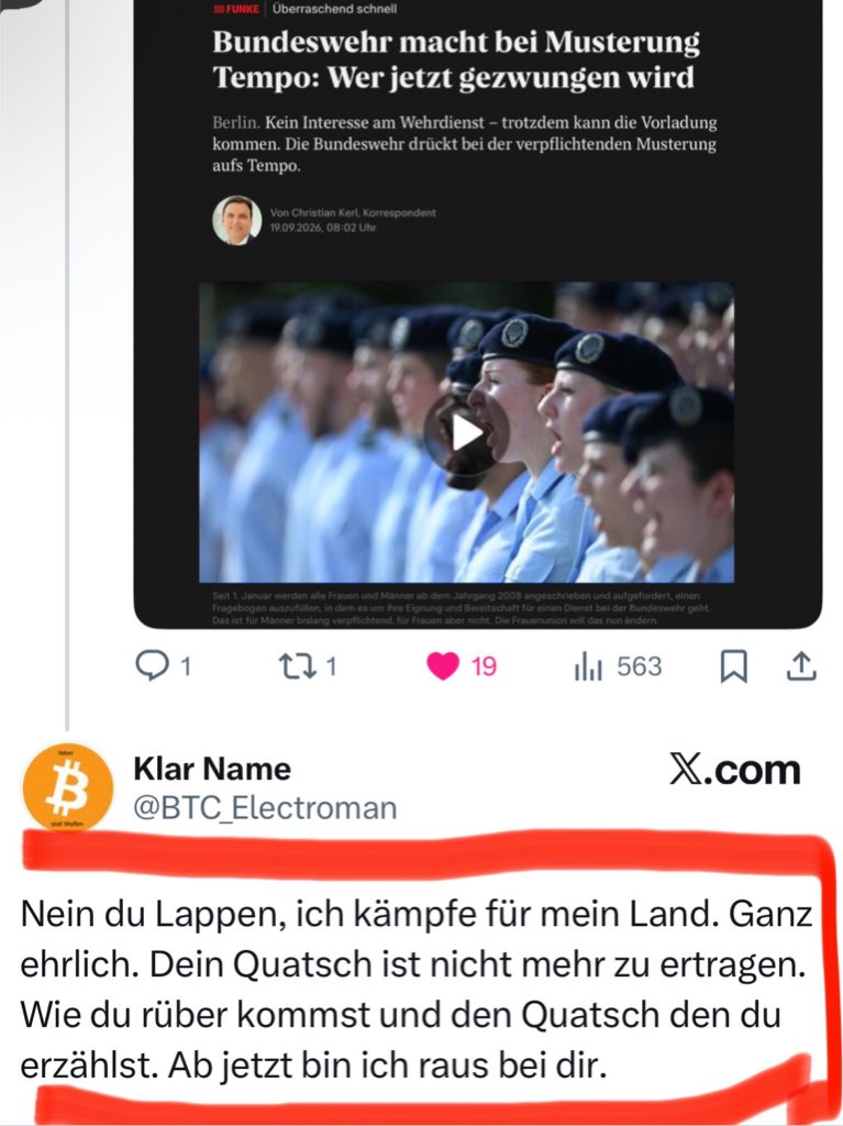 bitcoin_hotel's tweet photo. „Ich kämpfe für mein Land.“

Nein. 

Du kämpfst für Politiker, die selbst nicht an die Front gehen.

Du kämpfst für geopolitische Machtinteressen.

Du kämpfst für Finanzinteressen und milliardenschwere Vermögensverwalter.

Du kämpfst für Rüstungskonzerne und den militärisch-industriellen Komplex.

Du kämpfst für Leute, die Entscheidungen treffen - während andere dafür bluten.

Und damit du freiwillig mitmachst, erzählt man dir:
„Du verteidigst dein Land.“

Vielleicht solltest du nicht mich einen Lappen nennen.
Vielleicht solltest du erstmal einen Grundkurs in Kriegspropaganda machen.
 
Das Geld ist im Arsch, jetzt braucht man einen Krieg - War in der Geschichte immer so.