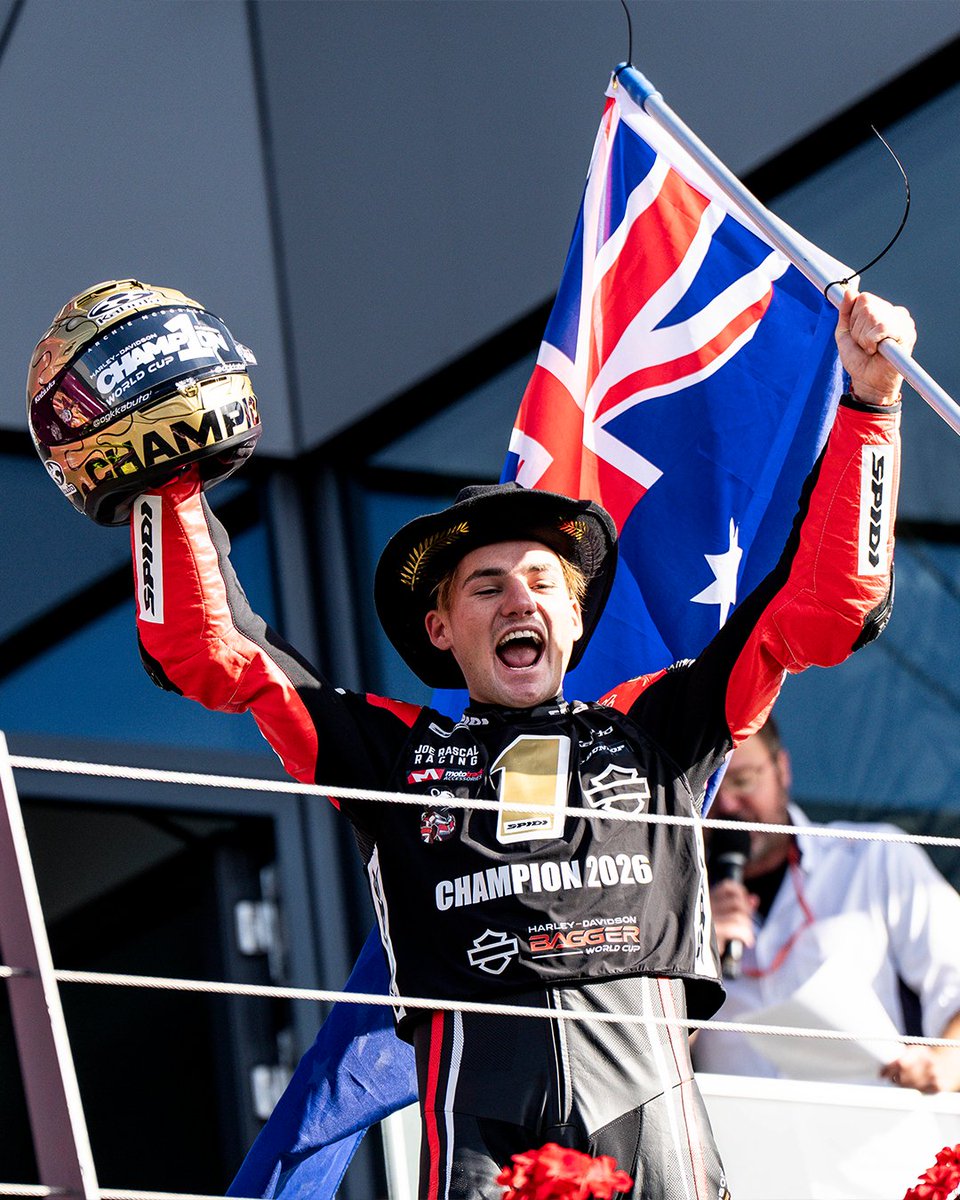ausmotogp's tweet photo. A huge congratulations to Aussie Archie McDonald who has been crowned the FIM Harley-Davidson Bagger World Cup Champion 🏆

The 20-year-old NSW rider sealed the Championship with an eighth-place finish in the season finale, just nine points ahead of Spain’s Oscar Gutiérrez in second 👏