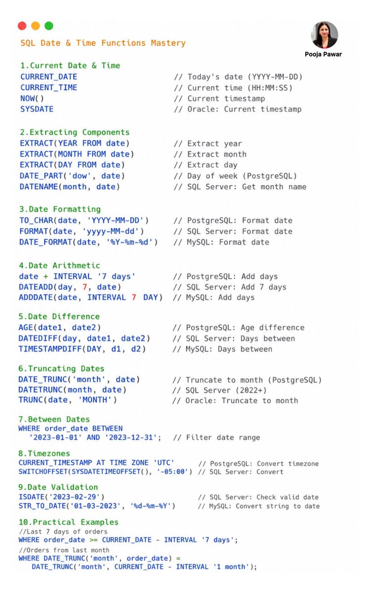 SheExploresData's tweet photo. Dates are everywhere in real-world SQL: reports, trends, cohorts, retention, and time-based analysis. Knowing how to extract, format, compare, calculate, and validate dates makes querying much easier.

#SQL #SQLTips #DataAnalytics #DataAnalyst #Database #DataScience #Analytics https://t.co/SXEdDNplsQ