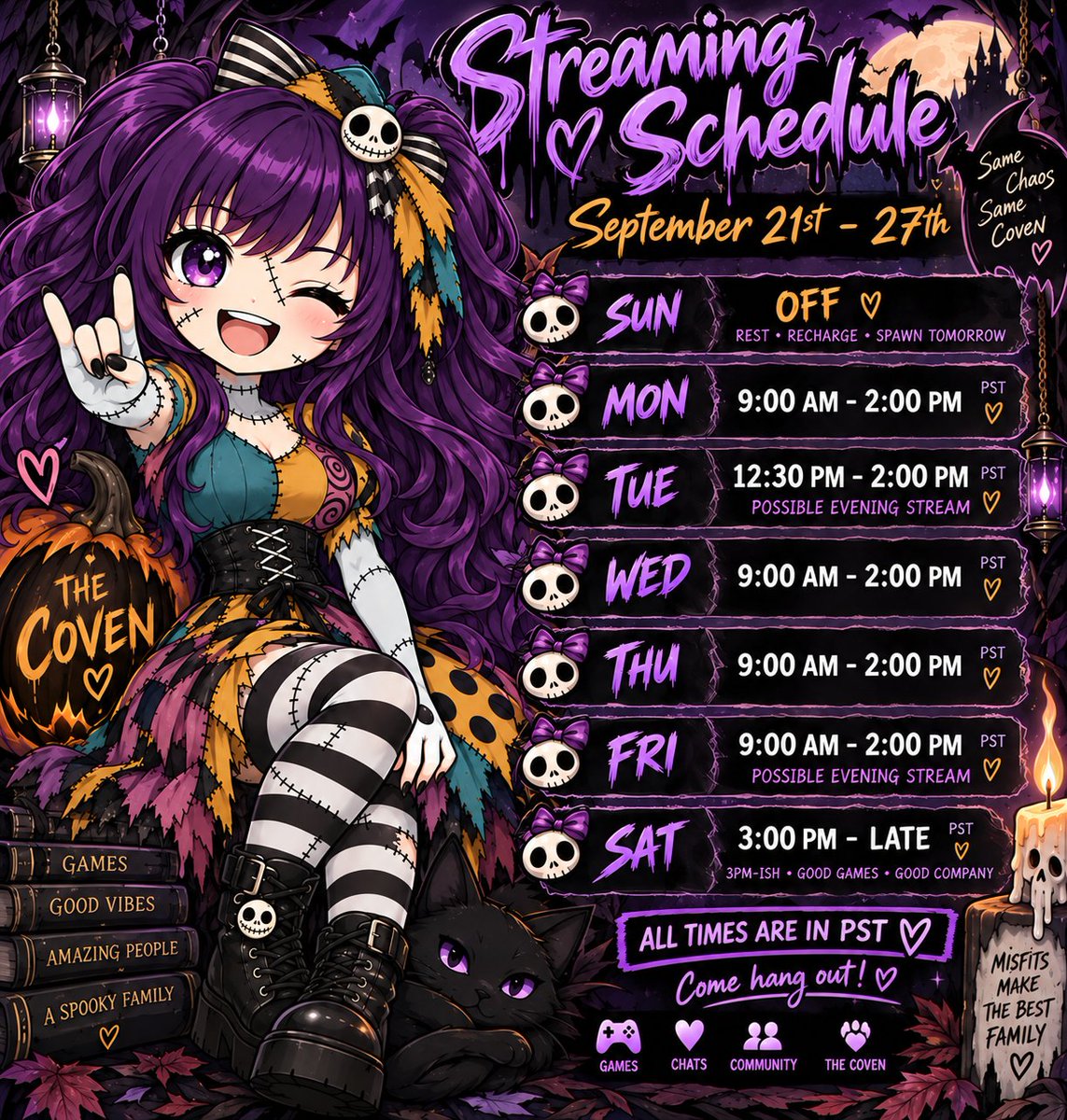 Gothicskullmum's tweet photo. September 21st-27th streaming schedule!
Come check me out on @V3RTICALPIX3L & @Twitch !
#streamer #partneredstreamer #covenstreamteam https://t.co/pggl1f37pL