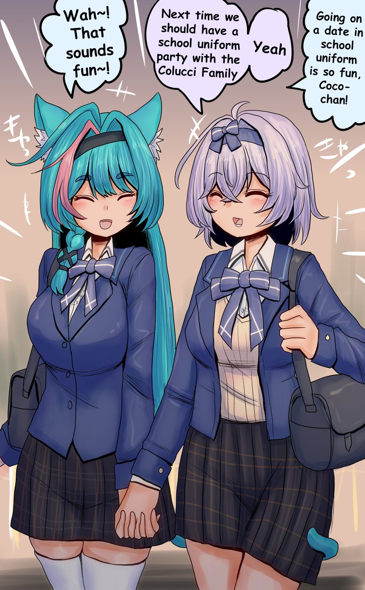 Mordfelt's tweet photo. @Shinkaisoku_JP Forever 17 years old www

[EN Translations]
Chocomint's School Uniform Date

Appraiser and Mint are enjoying a date in matching school uniforms. Looks like they're having a great time

...Is this really an outfit an adult female couple should be wearing though? https://t.co/4Pdbe3TDvW