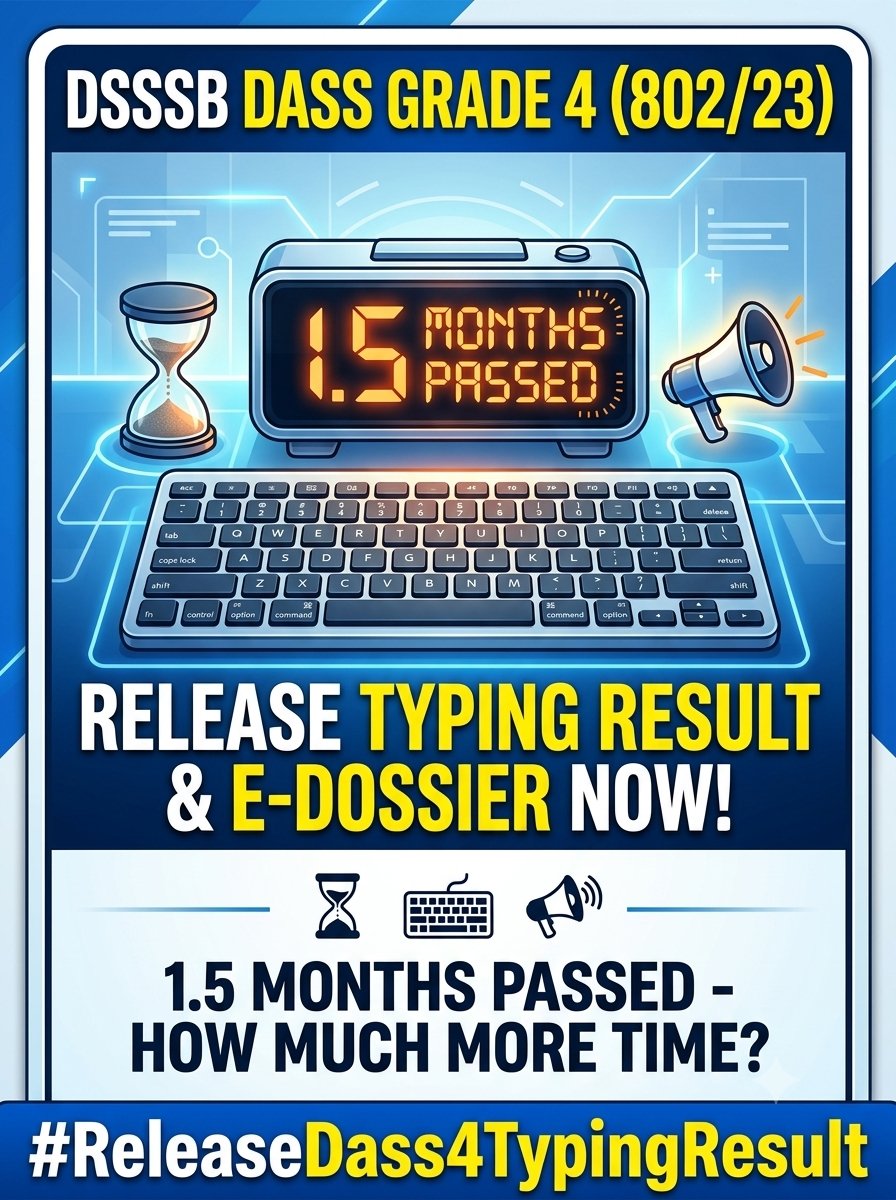 AbhishekTo23285's tweet photo. #ReleaseDSSSB802_23Result
 
​Typing test hue 1.5 mahine se zyada ka time ho chuka hai, aur ye recruitment pehle hi 3.5 saal se delayed hai! Aakhir result aur E-Dossier ke liye itna lamba intezar kyu? https://t.co/3FGsJG1TuN