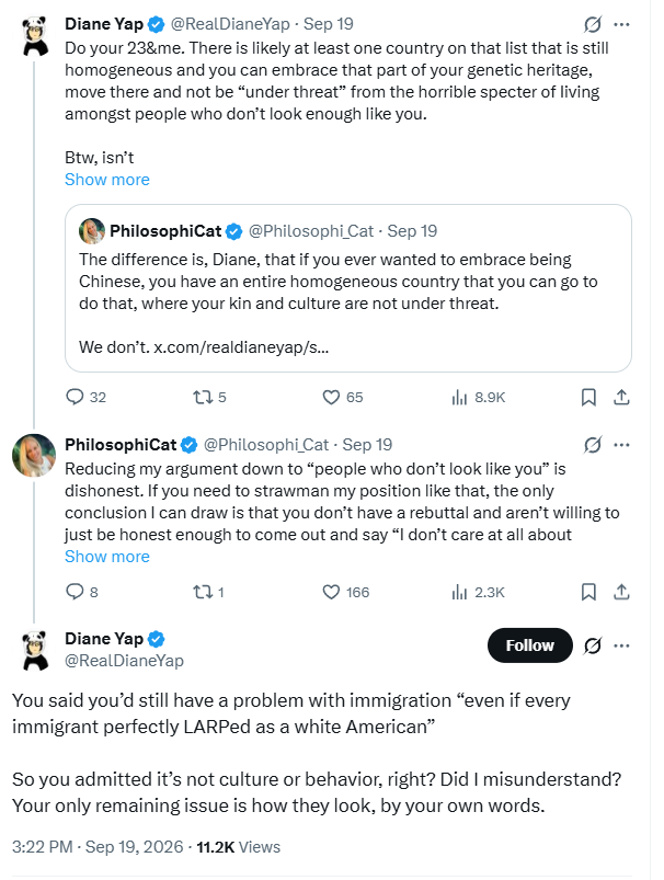GreeneMan6's tweet photo. This conversation is going to remain seared into my own imagination as the perfect example of death of discourse.

Scenario:
> Provocateur / Autist baits rightoid true-believers with something that seems like a simple question but really has a complicated answer
> Sincere RW true believer says she'd like to respond but the answer is nuanced and she's tired of having her words twisted 
> Provocateur / Autist says "No really, come on I want to hear your answer"
> Sincere RW true believer speaks from the heart alluding to intangibles and on the ground realities that are obvious put unprovable, makes references to nuanced considerations
> Provocateur / Autist totally disregards nuance either our of autism or spite (I really can't tell which one), ignores context, demands nuance fit into arbitrary boxes, demands that the answer confront hypothetical ideas that have never exist ("what about the perfectly assimilated immigrant!")
> Provocateur / Autist also unaware that her lack of understanding perfectly demonstrates the RW true believers original complaint
> Sincere RW true believer says "forget it"
> Provocateur / Autist "Why are RWers so afraid to answer my question???"