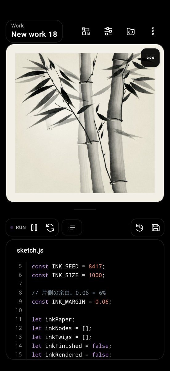 rincodedev's tweet photo. Androidでp5.js作品コーディング

 Edit:RiNなら、コードの編集からプレビュー、作品の保存、MP4・GIFの録画までスマホひとつで。
思いついた表現を、その場で動かしてみませんか。

https://t.co/EHojdAPg1m

#p5js #つぶやきProcessing #EditRiN https://t.co/5OdBQBHM91