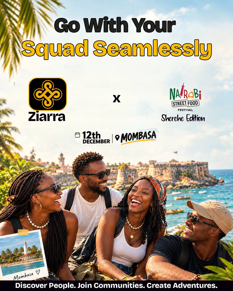 ziarraworld's tweet photo. 🌴 Mombasa, good vibes & your favourite people! 🌊🔥

This December, don’t just attend the Nairobi Street Food Festival – Sherehe Edition — make it a whole experience with your crew! 😎

📍 Mombasa
📅 12th December
🎉 Ziarra × Nairobi Street Food Festival
Discover new people, join communities, eat, laugh, explore and create unforgettable adventures together. ❤️
Your squad is ready. The coast is calling. Are you coming? 👀🔥

👉 Book your experience on Ziarra: https://t.co/z9qgtQXAnG

#Ziarra #NSFF #ShereheEdition #Mombasa #NairobiStreetFoodFestival #TravelWithYourCrew #GroupTravel #CoastalVibes #DiscoverPeople #CreateAdventures