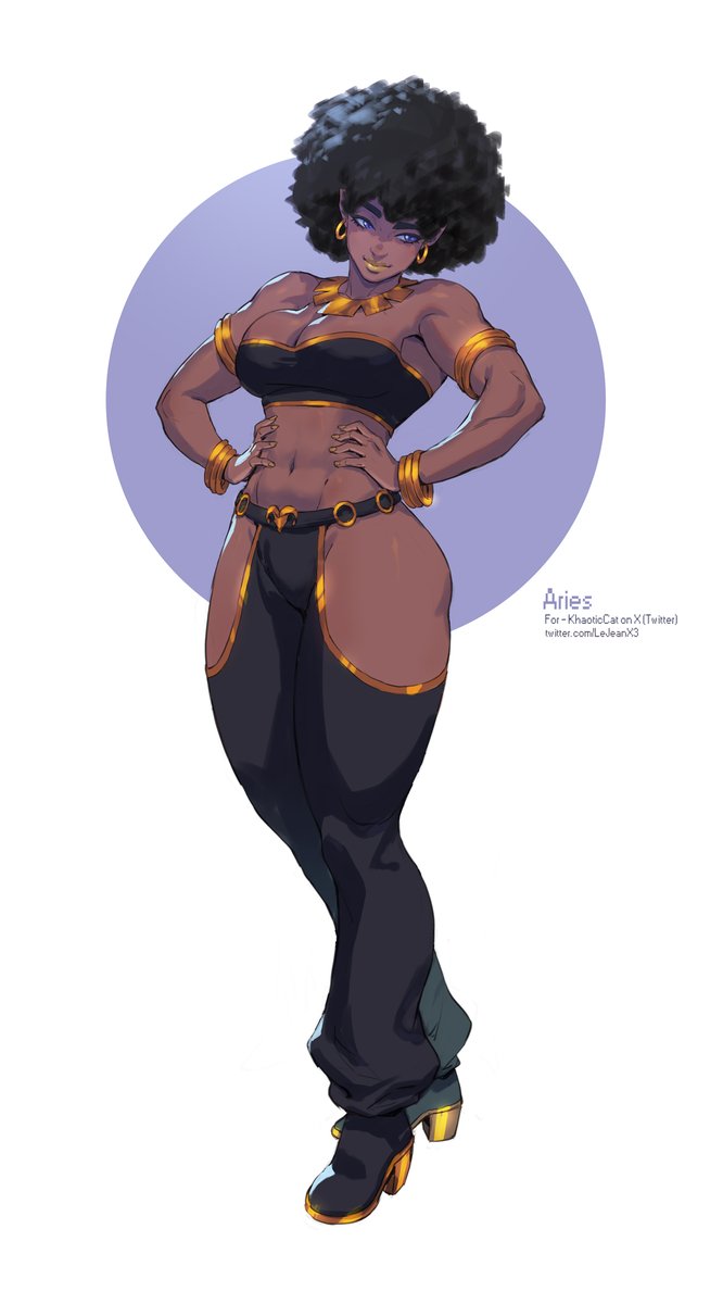 LeJeanX3's tweet photo. Commission for @KhaoticCat 

"Aries serves as a grounding mother figure to Shango and a vital crewmate under her sharp-tongued captain, Medusa. Tolerating no nonsense, she balances her firm, no-nonsense attitude with deep empathy and understanding for those she protects. In battle, Aries relies on her immense strength, overwhelming foes primarily through devastating, high-powered kicks."
