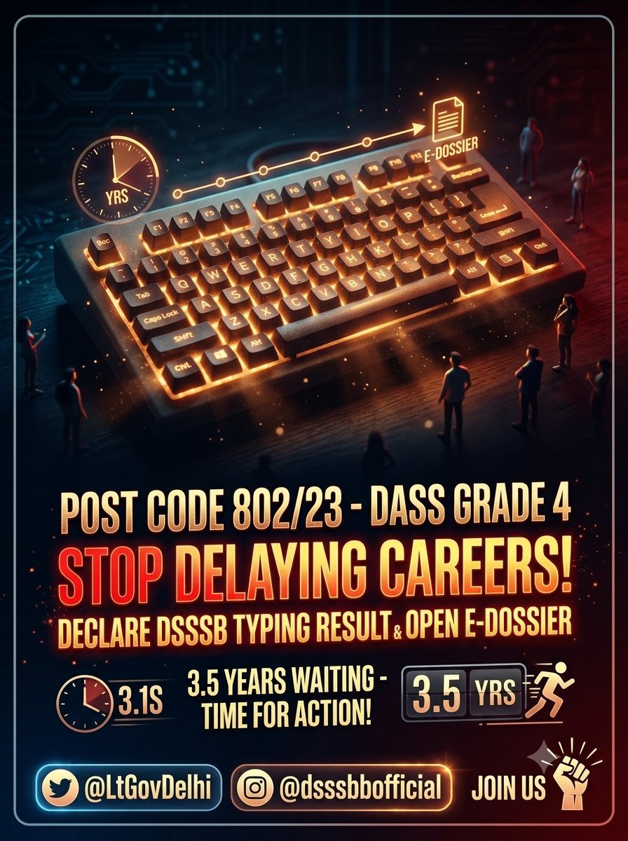 SangamTomar01's tweet photo. Release DSSSB DASS Grade 4 (802/23) typing result &amp; E-Dossier! 1.5 months is enough time ⏳ Recruitment is already delayed by 3.5+ years! 😡 Stop the delay!  

#ReleaseDass4TypingResult #Release802/23TypingResult
#ReleaseDass4Edossier
@gupta_rekha @dsssbofficial @LtGovDelhi https://t.co/z88HNEi9Wi