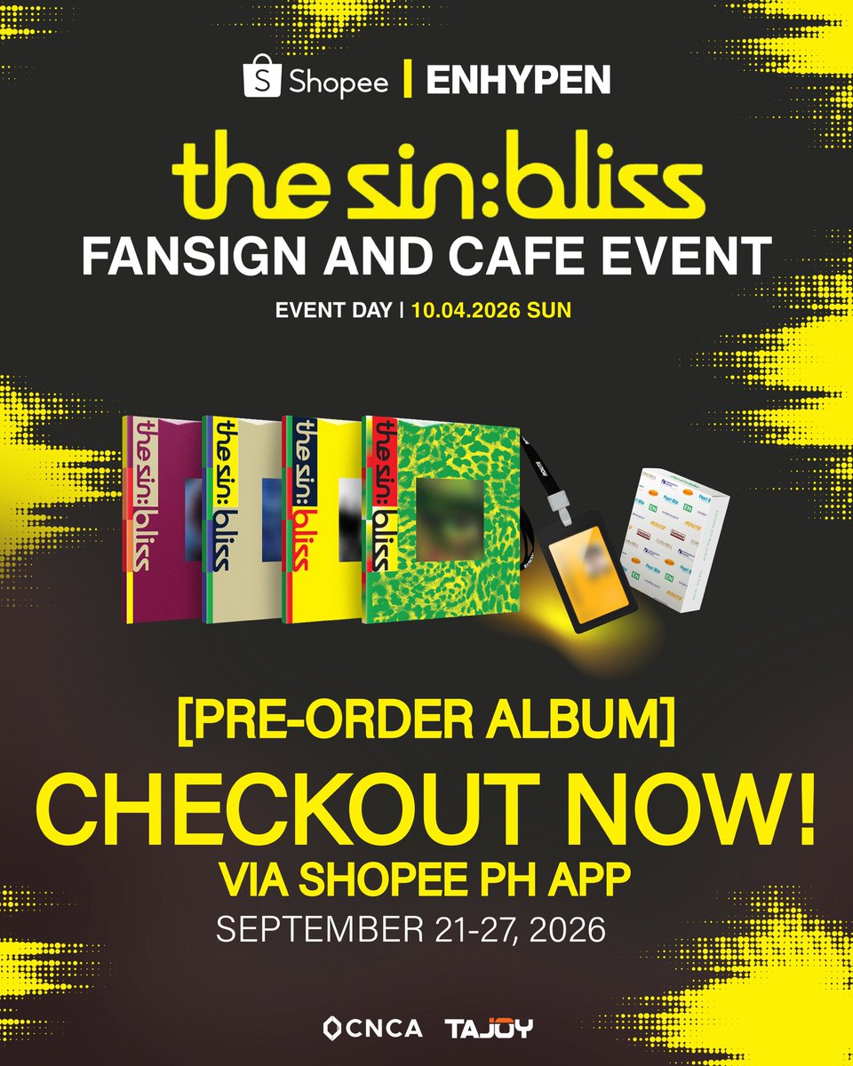 cnca_media's tweet photo. ENGENEs, your moment of BLISS has arrived! 🖤

The wait is over! ENHYPEN’s THE SIN : BLISS is now up for pre-order on Shopee! 

📅 Promo runs from September 21–27, 2026.

#CNCA #ENHYPEN_in_MNL #ShopeePH_with_ENHYPEN #ENHYPEN https://t.co/bi7VyatyML