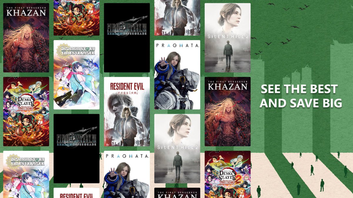 Promotional collage image of video game covers for the Tokyo Game Show sale. Text reads, “See the best and save big.” Titles include Resident Evil: Requiem, Pragmata, Final Fantasy VI, Demon Slayer 2, Silent Hill 2, Khazan, Digimonstory Timestranger.