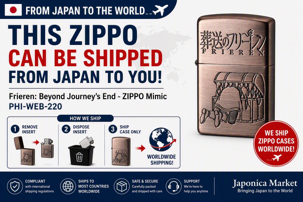 Japonica_Market's tweet photo. From Japan to you! 🇯🇵✈️
Frieren: Beyond Journey's End - ZIPPO Mimic
PHI-WEB-220
We remove the lighter insert and ship the outer case worldwide.
#Frieren #FrierenBeyondJourneysEnd #Mimic #Zippo https://t.co/WYDN4N21d5