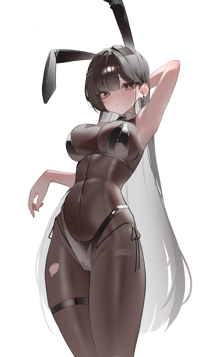 Haxdyad's tweet photo. bodystocking, arm up, brown eyes, white background, hairband, long hair · art by hea #anime #animeart #waifu https://t.co/34faczrJAC