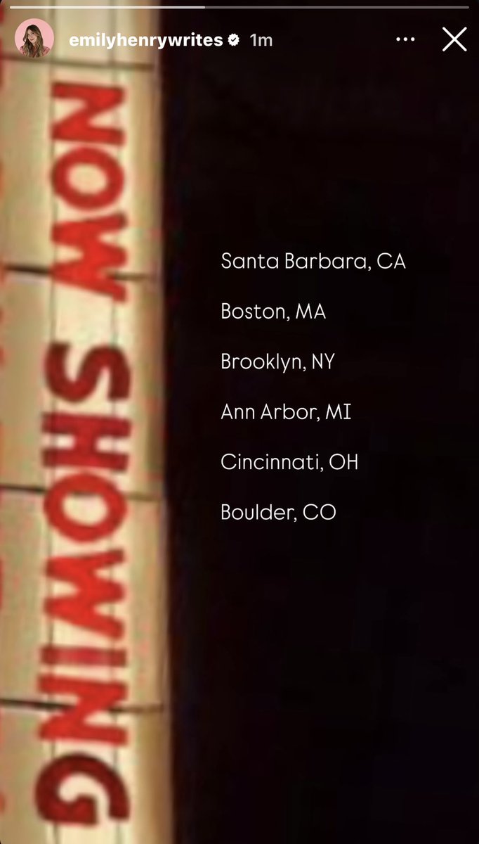 emilyhenryverse's tweet photo. Santa Barbara, CA
Boston, MA
Brooklyn, NY
Ann Arbor, MI
Cincinnati, OH
Boulder, CO

Emily Henry via Instagram Stories. https://t.co/P4oKwNmXKt