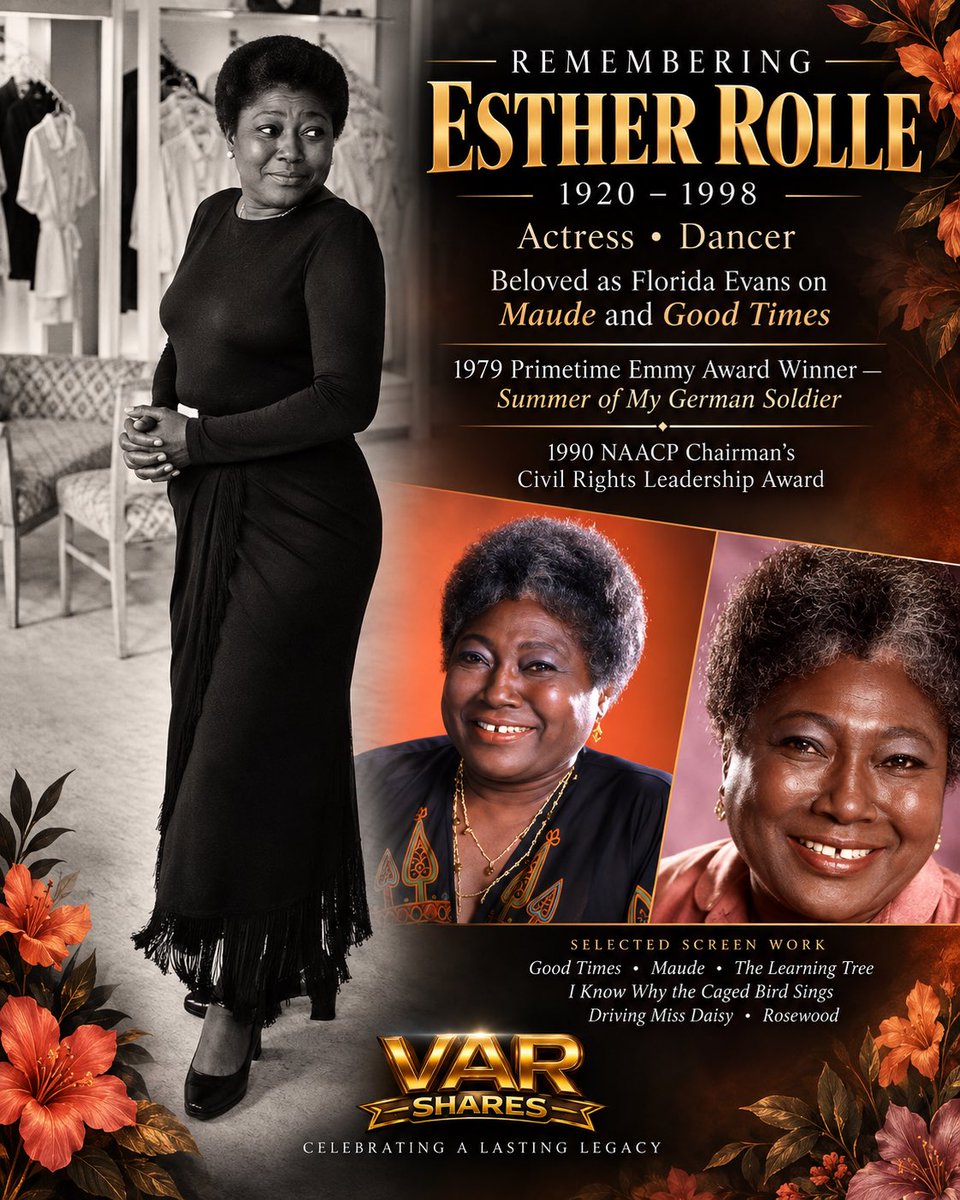 shavar's tweet photo. Remembering the great Esther Rolle, whose talent, dignity and strength left a lasting mark on television, film and the stage. 

Of course, generations know and love her as Florida Evans on Maude and Good Times (my favorite TV sitcom), however her career went far beyond that iconic role. She began in dance and theater and later appeared in films and television projects including The Learning Tree, I Know Why the Caged Bird Sings, Driving Miss Daisy and Rosewood.

In 1979, Ms. Rolle won a Primetime Emmy Award for Summer of My German Soldier. She was also recognized for her commitment to civil rights, receiving the NAACP Chairman’s Civil Rights Leadership Award in 1990.

A gifted actress, dancer and trailblazer whose work continues to be discovered by new generations. Remembering Esther Rolle. 🌹 ——— #EstherRolle #GoodTimes #FloridaEvans #ClassicTV #VARShares