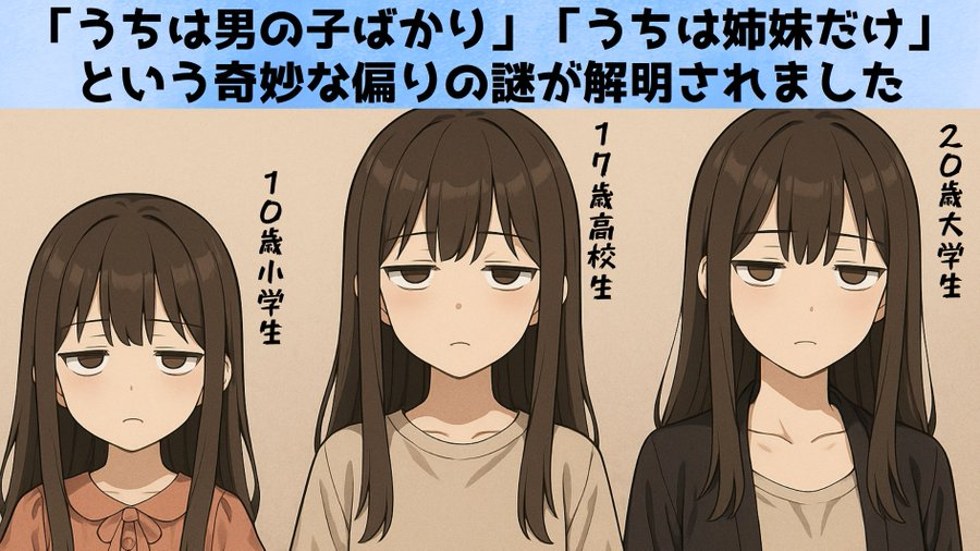 NazologyInfo's tweet photo. 子どもの性別は「偶然」じゃなかった──母親ごとの偏りを発見
https://t.co/VaYhtYEvhs

米ハーバード大は赤ちゃんの性別は家庭（母親）ごとに偏りがあり生みやすい性別が存在すると発表。3人続けて同じ性別を産んだ母親は4人目も同じ性別を産む確率が約60%にも達しており偶然の域を超えていました https://t.co/jyAyRGn0yP