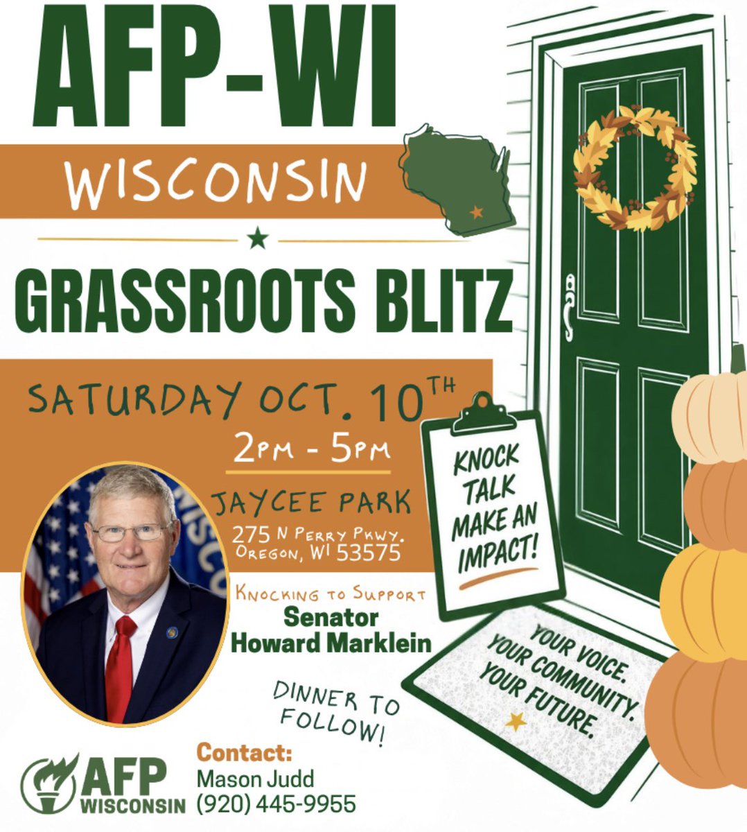 RealMasonJudd's tweet photo. Hey, Dane County!  @AFPWI will be out putting in the time and effort to reelect @SenMarklein every day until Election Day!  Please join us on these dates and be apart of the difference to achieve victory in November!  It takes all of us! https://t.co/OKJsI9k3rD