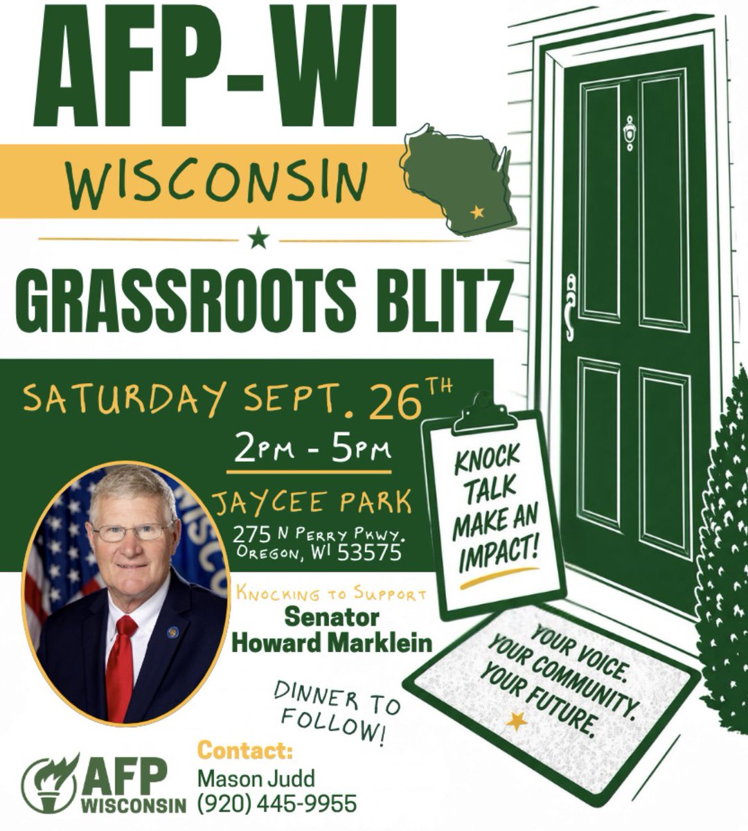 RealMasonJudd's tweet photo. Hey, Dane County!  @AFPWI will be out putting in the time and effort to reelect @SenMarklein every day until Election Day!  Please join us on these dates and be apart of the difference to achieve victory in November!  It takes all of us! https://t.co/OKJsI9k3rD