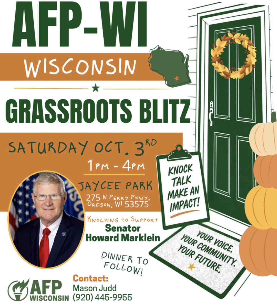 RealMasonJudd's tweet photo. Hey, Dane County!  @AFPWI will be out putting in the time and effort to reelect @SenMarklein every day until Election Day!  Please join us on these dates and be apart of the difference to achieve victory in November!  It takes all of us! https://t.co/OKJsI9k3rD