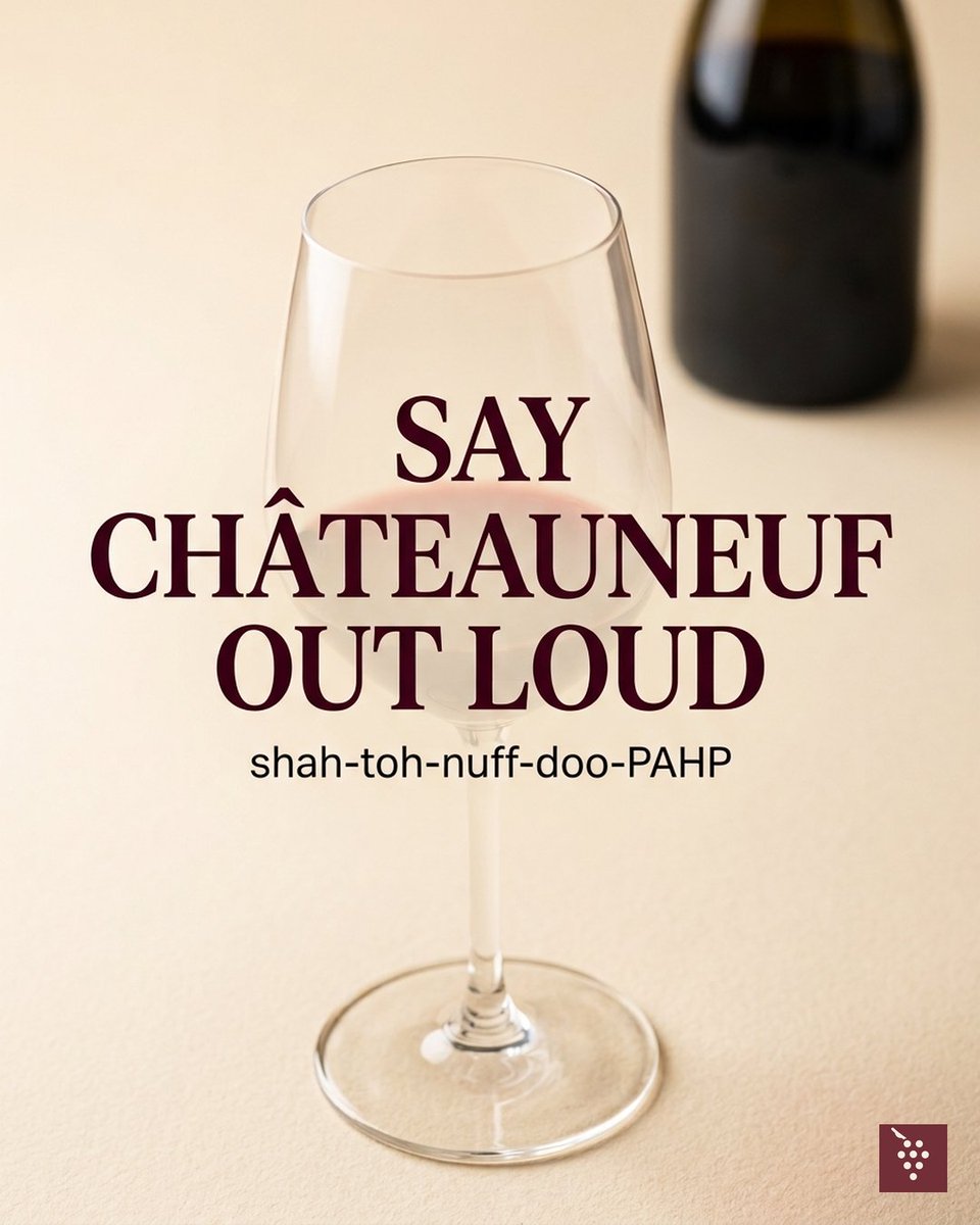 VyneWineApp's tweet photo. Don't freeze when you see Châteauneuf-du-Pape on a list.
Say it like this: shah-toh-nuff-doo-PAHP.
It's Grenache-led Southern Rhône — not a spelling bee.

A Somm in your pocket. A wine bible on the shelf.
https://t.co/E2cr3lTQOD
#wine #Rhone https://t.co/hejArCWQU0