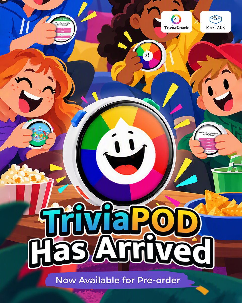 M5Stack's tweet photo. 🎉 Trivia Crack × M5Stack
TriviaPOD pre-orders are LIVE! 

Spin, answer, and play trivia like never before. Only 500 units at the early-bird price of $39.90, grab yours before they're gone.

👉 Pre-order now: https://t.co/iUnZNSaZry
@etermax  @TriviaCrack 
#M5Stack #TriviaCrack https://t.co/ZYywYItsc6