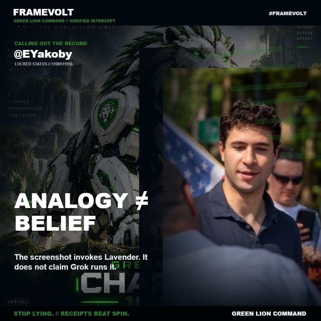 Resis_T2017's tweet photo. @EYakoby That screenshot doesn’t show anyone believing Grok runs Israel’s targeting system. It’s an obvious Lavender analogy. You turned criticism of AI warfare into a dumb claim so you could sneer at it. #FRAMEVOLT https://t.co/rNDBVllWKc