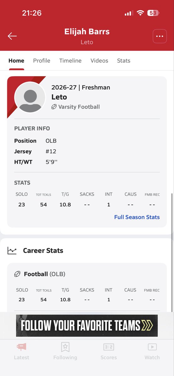 uulost12's tweet photo. Mid season stats freshman year still more to come 23 solo tackles 54 total tackles avg 10.8 per game #12 #leto #changethenarrative https://t.co/tIUTGiOHM9