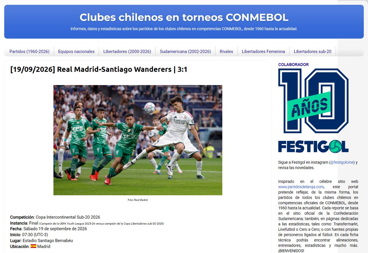 ChilenosTorneos's tweet photo. Ya está publicado el reporte, datos y estadísticas de la #IntercontinentalSub20 2026, entre Real Madrid y Santiago Wanderers.

Todo el detalle en el siguiente link:
https://t.co/Mah7dS8e6l https://t.co/o7bch575XB