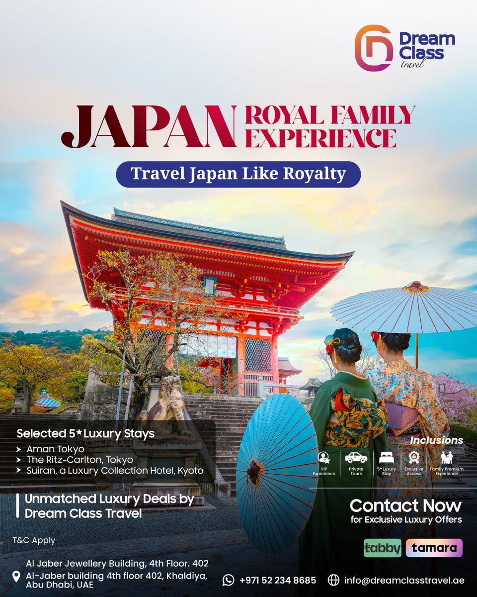 SookWhitbehsa's tweet photo. 👑✨ JAPAN ROYAL FAMILY EXPERIENCE 🇯🇵🌸
Travel Japan like true royalty with an unforgettable luxury getaway! Indulge in a premium curated journey featuring 🏯 breathtaking heritage, 🌸 scenic beauty &amp; 💎 world-class comfort. 💼 Package Highlights https://t.co/7PABSohL15