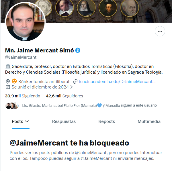 EZC86's tweet photo. Parece que al sacerdote tradiwoke no le gusta que le digan que es un socialista (y lo es) y que disfraza su rojipardismo aparentando ser tomista. (Aquino es todo lo contrario a lo que dice este sujeto).

Mercant es un charlatán peligroso que le vende izquierdismo a los católicos. https://t.co/8YPNh0AlBo