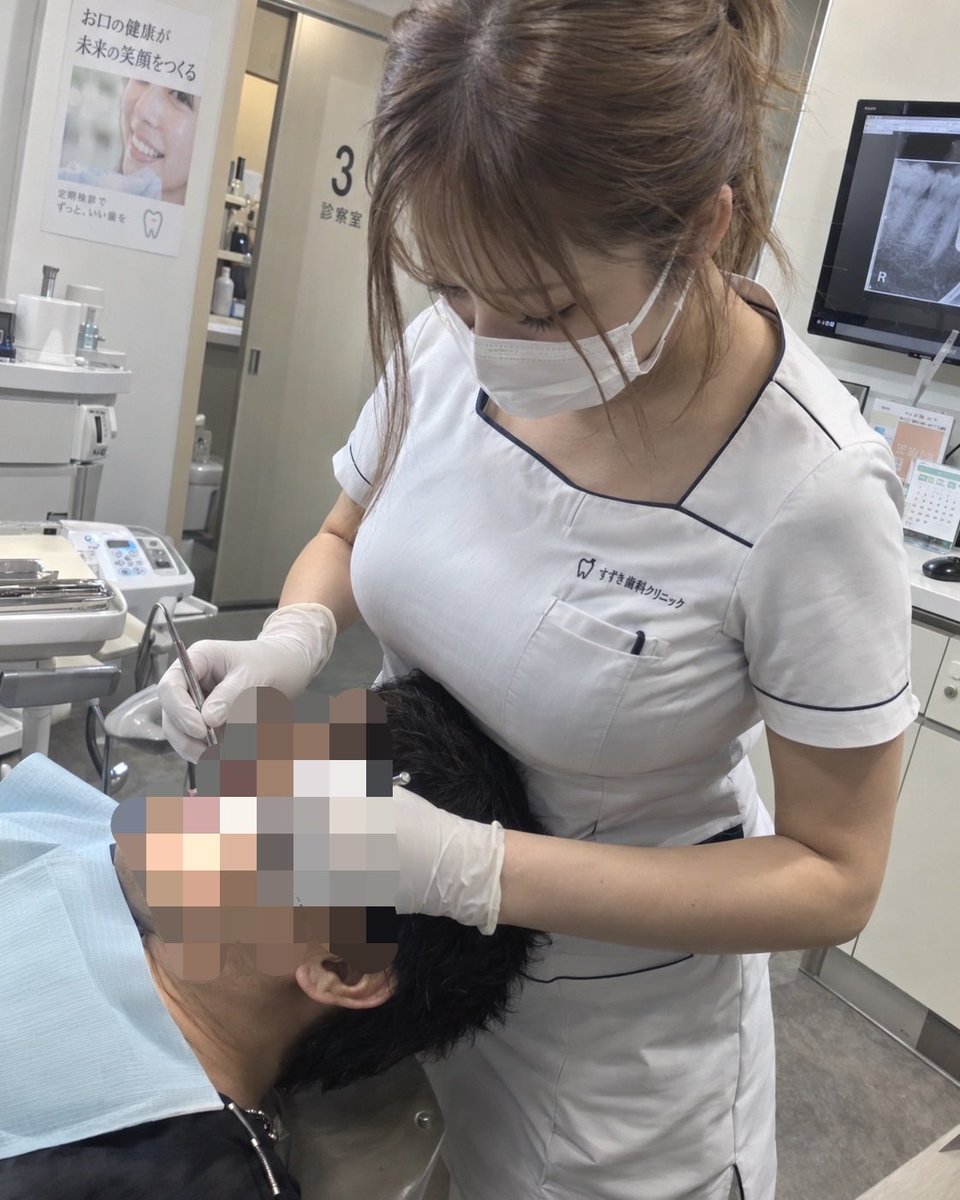 hai_vara's tweet photo. 「Iカップ」のキーワードがあるだけでセンシティブ判定なってる気がするのでテスト

↓添付画像を生成するプロンプト

成人女性らしい非常に豊かなIカップ相当の体型。
22歳の明確な成人日本人女性、非常に美しい現代的な令和ギャル。ただし派手すぎるキャバ嬢風ではなく、清潔感のある甘めギャル。
わずかな手ブレ。 髪の一部に軽いモーションブラー。 ピントはほぼ合っているが完璧ではない。 スマートフォン特有の広角歪み。 普通のHDR処理。 わずかなノイズ。 自然な肌の質感。

photorealistic side-angle photo of a Japanese female dental hygienist working in the 12 o'clock position at the head of a dental chair, standing directly above the patient's head and bending forward to look straight down into his open mouth, the crown of the patient's head pressed against her abdomen, she is looking down at the mouth not at the camera, wearing a tight-fitting white medical uniform with navy blue piping, white surgical mask, white latex gloves, holding a dental scaler and mouth mirror inside the mouth, modern Japanese dental clinic, natural lighting, highly detailed, realistic anatomy and fabric, 8k

camera: three-quarter side view from slightly above, showing the patient's head contacting her midsection