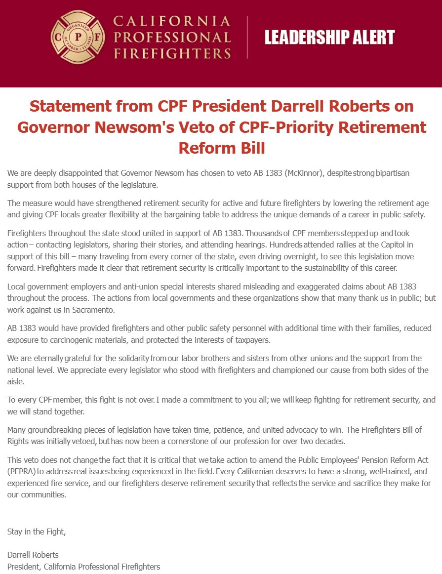 CAFirefighters's tweet photo. Statement from CPF President Darrell Roberts on Governor Newsom's Veto of CPF-Priority Retirement Reform Bill AB 1383 https://t.co/BUc08RIrM1