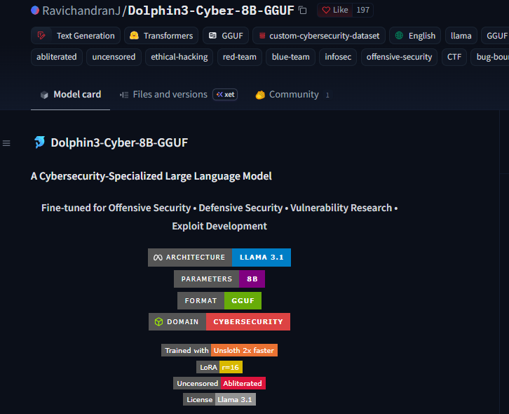 UnTalNixon_exe's tweet photo. ¿Imaginas correr un modelo de 8B especializado 100% en ciberseguridad, sin ningún tipo de censura ni bloqueos molestos, directamente en tu laptop con una GPU de 8GB?

Dolphin3-Cyber-8B (en su versión GGUF optimizada en Q2_K a solo 3.2 GB) acaba de salir y es una bestia para el día a día.

Lo que trae bajo el capó:

• Cero negativas absurdas en preguntas sobre pentesting autorizado.

• Entrenado con un dataset custom: OWASP Top 10, MITRE ATT&CK, CVEs, ExploitDB y metodologías reales de pruebas de intrusión.

• Ideal para code review rápido, resolver CTFs, armar notas de bug bounty y diseñar modelos de amenaza.

(Tip: mantén el contexto cerca de los 2k tokens que fue lo que vio su LoRA para que no alucine).

Herramienta brutal para llevar un asistente ofensivo local sin depender de la nube.

Te dejo el enlace al repositorio y los pesos directos abajo en los comentarios 🛠️👇