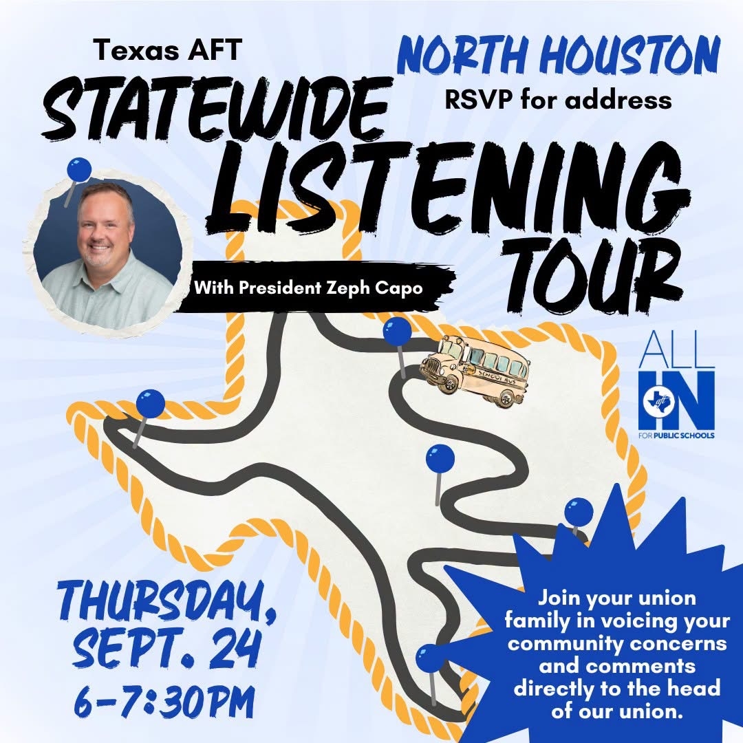 CyFairAFT's tweet photo. Ahead of the 90th Texas Legislative Session, Texas AFT President Zeph Capo is making a stop near us on his statewide listening tour. Join us this Thursday, Sept. 24 from 6-7:30 to let him know how things are going for you! https://t.co/AIyWChbVr9 https://t.co/G1VLL54sQc