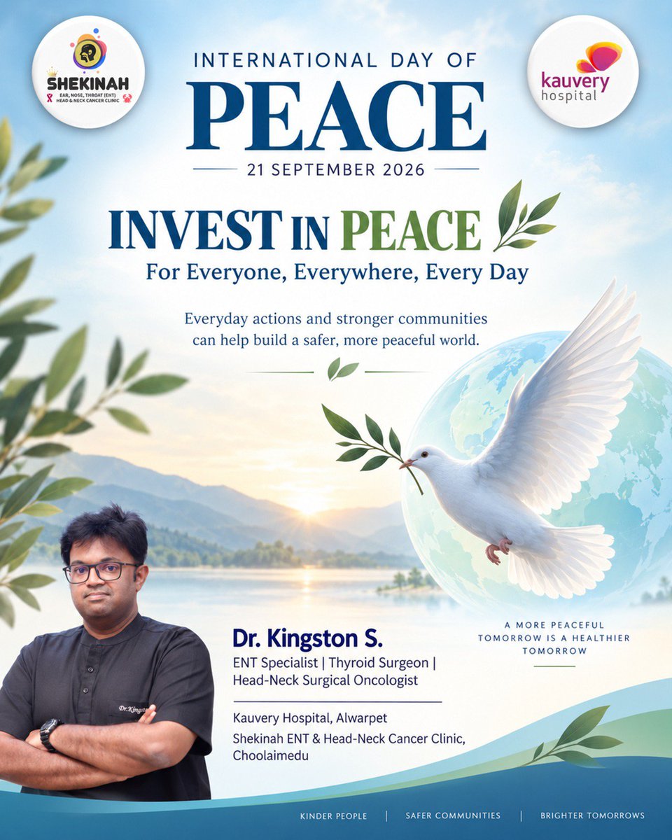Shekinah_ENT's tweet photo. International Day of Peace – Sep 21, '26
#InternationalDayofPeace
#PeaceDay
#IDP2026
#Peace
Dr. Kingston S.
ENT & Head-Neck Surgeon,
Kauvery Hospital, Alwarpet.
#ENTclinic
#ENTcare
#ENT
#KauveryHospitalAlwarpet
#KauveryHospitalChennai
#KauveryHospital
#HeadAndNeck
#KauveryENT https://t.co/Qcduxu4r1i