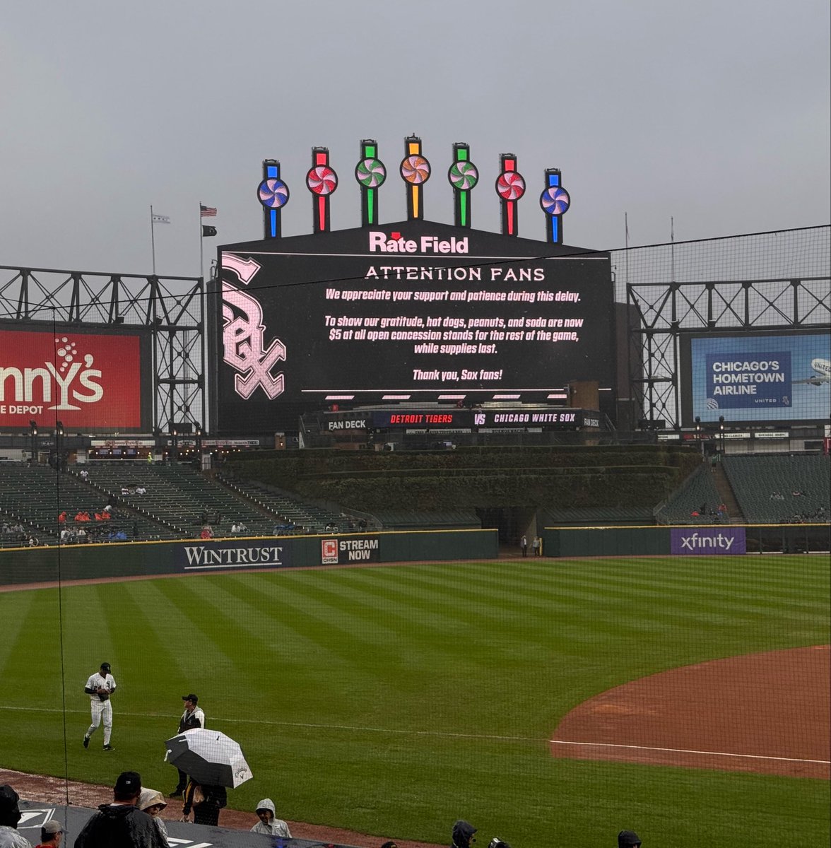 jmisci's tweet photo. Right before the White Sox rain delay was supposed to end, I went to find the Pope Leo seat. No joke—right as I touched it, the stadium announced $5 hot dogs for fans waiting out in the rain.

I’m not a superstitious guy…but the White Sox magic is something else https://t.co/bgvAgvl3TR