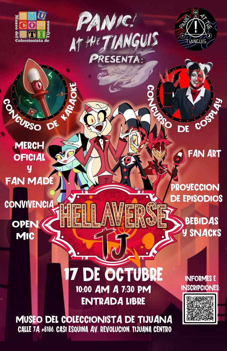 PurpleSephy's tweet photo. 🎪 **HELLAVERSE TJ** 🎪

🎤 Concurso de Karaoke
🤡 Concurso de Cosplay
🛍️ Merch oficial y Fan Made
🎬 Proyección de episodios
📍 Museo del Coleccionista de Tijuana
🎟️ ENTRADA LIBRE

 #Hellaverse #HazbinHotel #HelluvaBoss #TijuanaBC #BajaCalifornia #Cosplay  #AnimeEvent https://t.co/g2YjsSIYBY