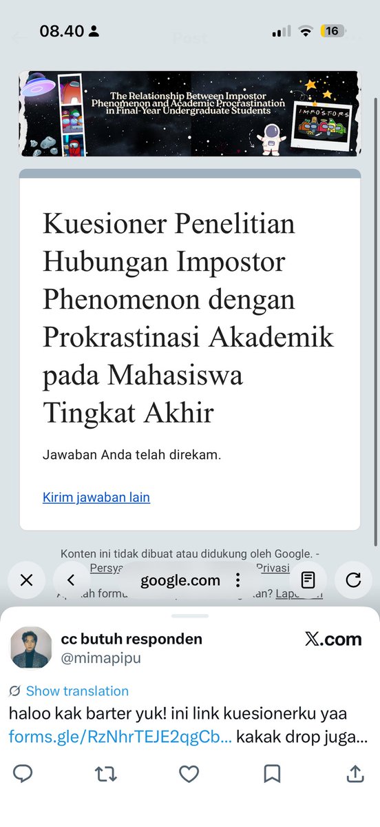 risqawho's tweet photo. @mimapipu done ya kak, ini link kuesionerku: https://t.co/QyZxZ2BmKu https://t.co/tcTiwkiThl