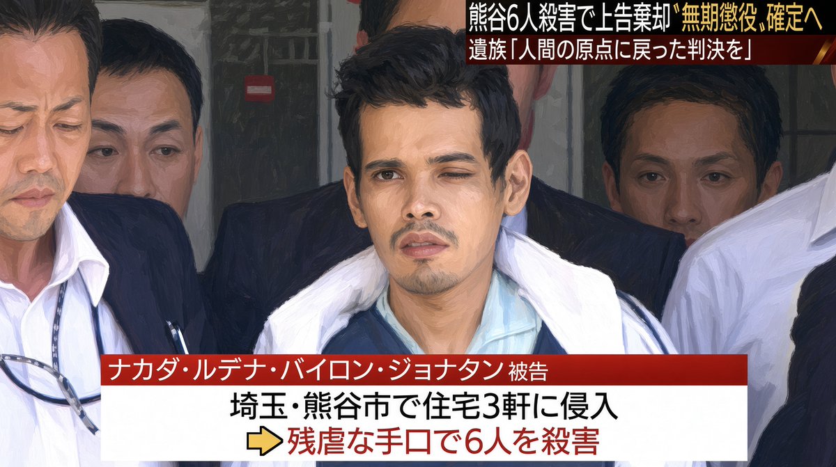 OldBlurman's tweet photo. 進捗の「周知」がない。

熊谷連続殺人事件を思い出します。

熊谷6人殺害は、包丁で一家を襲った事件だけでは終わらない。

2003年頃、犯人はペルーで金を払い日本人と養子縁組し、日本風の姓を得て日系を装い入国した。

入管は本人の前科と資格を見る。

家族の犯罪歴は原則見ない。

犯人の兄は後に、ペルーの連続殺人犯として知られる人物だった。

2015年9月13日、熊谷署から逃走。

その後も住居侵入の通報が続いたが、近隣への詳細な注意喚起はされなかった。

14日に夫婦。

15日夜から16日にかけて84歳女性。

16日に母と小学生2人。

計6人。

一審は死刑。

控訴審は統合失調症による心神耗弱を認め、無期懲役が確定した。

遺族は「周知していれば防げた」として県を訴えたが、裁判所は県の法的責任を認めなかった。

入口は「本人だけ見る」。

現場は「詳しく知らせない」。

出口は「精神鑑定で死刑が消える」。

入管も警察も裁判所も、目の前の犯人しか見ない。

入管も警察も裁判所も政治家も、この違和感を正そうとしない。

これが熊谷の骨格だと思った。

あれから10年以上が経つ。

国も政治家も自治体も警察も、何か変わったのだろうか。

外国人は増え、具体的な周知は見えにくく、責任は取られず、一般市民がロシアンルーレットのように確率を待たされている状態が続いてはいないか。

日本国内で起きる事件の論点は、日本人か外国人かではない。

差別でも排外でも多様性でもない。

進捗を公表し事実を可視化することです。

事件に大人の都合の利権も癒着もプライドも要りません。

犯人の人権より先に、奪われた命。

日本で真面目に暮らす人々の人権を優先。

この当たり前の社会が必要です。
