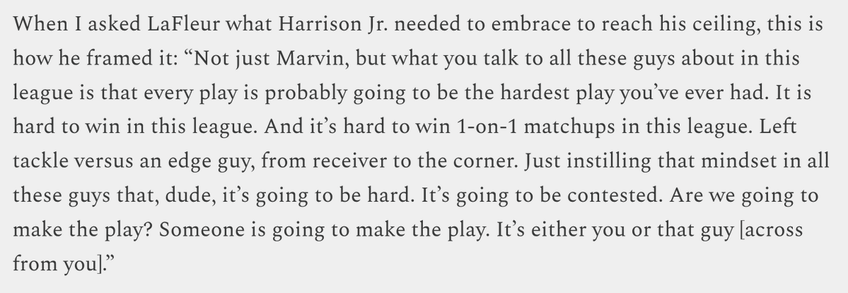 CharlesRobinson's tweet photo. #Cardinals wideout Marvin Harrison Jr. now has 4 targets and 1 catch for 33 yards through two games. I just keep thinking about this quote from Mike LaFleur when I went through Arizona during camp. Full piece here: https://t.co/WEpjJXnMCv https://t.co/ZFayqa75lo