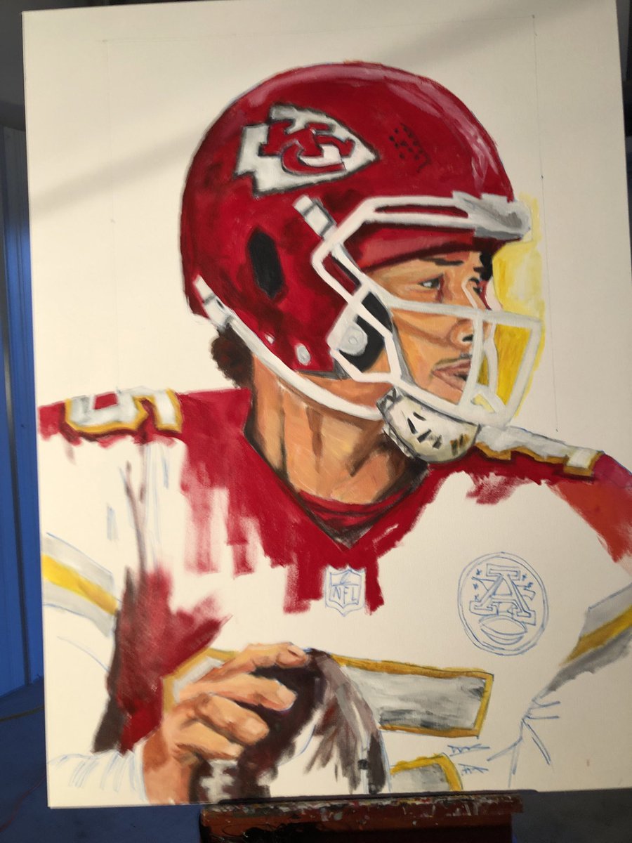 AOART5's tweet photo. Last nights studio - a barn like structure - AO working on an awesome fundraising live painting of our guy #QB1 #mahomes playing tonight on @SNFonNBC #GoChiefs #coltsvskc https://t.co/GK9sloHXDe