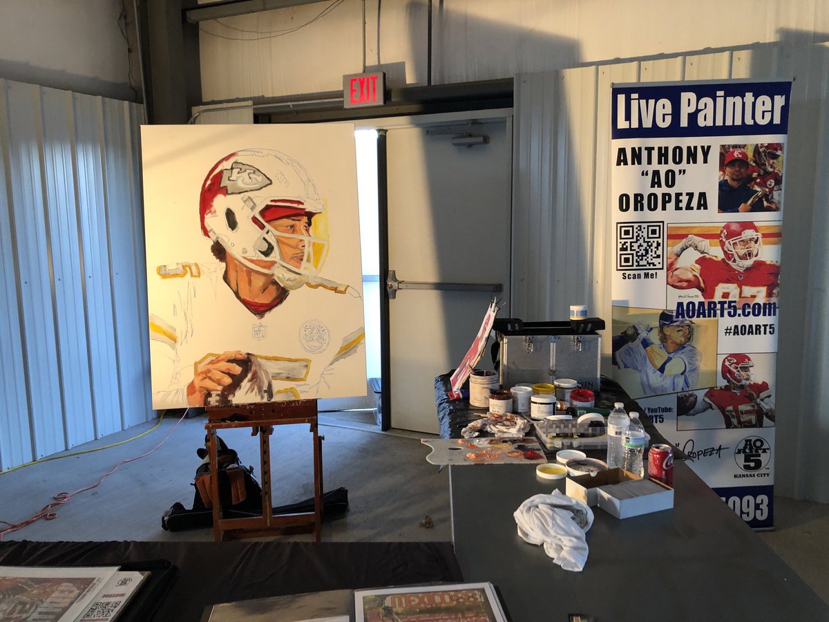 AOART5's tweet photo. Last nights studio - a barn like structure - AO working on an awesome fundraising live painting of our guy #QB1 #mahomes playing tonight on @SNFonNBC #GoChiefs #coltsvskc https://t.co/GK9sloHXDe