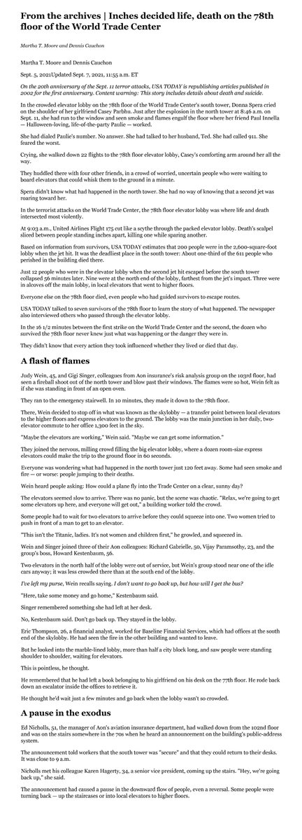 KrtInRealLife's tweet photo. For the 20th anniversary of the September 11 terror attacks, USA TODAY is republishing articles published in 2002 for the first anniversary. Caution: This story includes details about death. **From the archives | Inches decided life.** _ #911Memorial #NeverForget911 #TwinTowers https://t.co/ArOay2HeKq