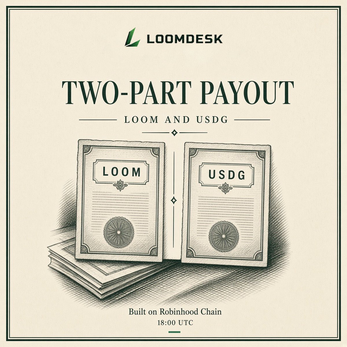 loomdesktrade's tweet photo. Payout is two assets now. Same time, same wallets.

Every day at 18:00 UTC the desk looks at what the book earned since the last snapshot.

USDG: 80% of the dollar earnings goes to $LOOM holders, by share of supply. The other 20% stays in the book and goes back into the stock pools.

$LOOM: if the book earned $LOOM that day (ladder fees, positions, anything taken in the token), that $LOOM is not sold. All of it is airdropped to the same holders.

Where the USDG can come from: pool and book fees, ladder fees, marketplace fees, uncollected fees still sitting in positions. ETH or stock-side fees get sold first. Then the split runs.

A Merkle list is published. An hour later the keeper pays. You hold $LOOM. You get dollars, and any $LOOM the desk earned.

CA: 0xdd0C034DAdA72325BC893fA39bc392E82bF847D7